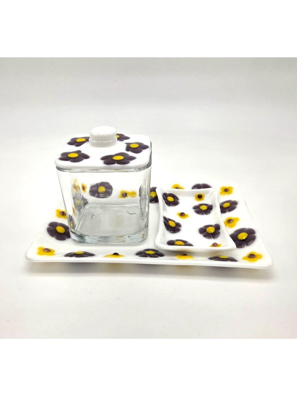 Fused Glass Bathroom Dresser Set Purple Orange Daisy